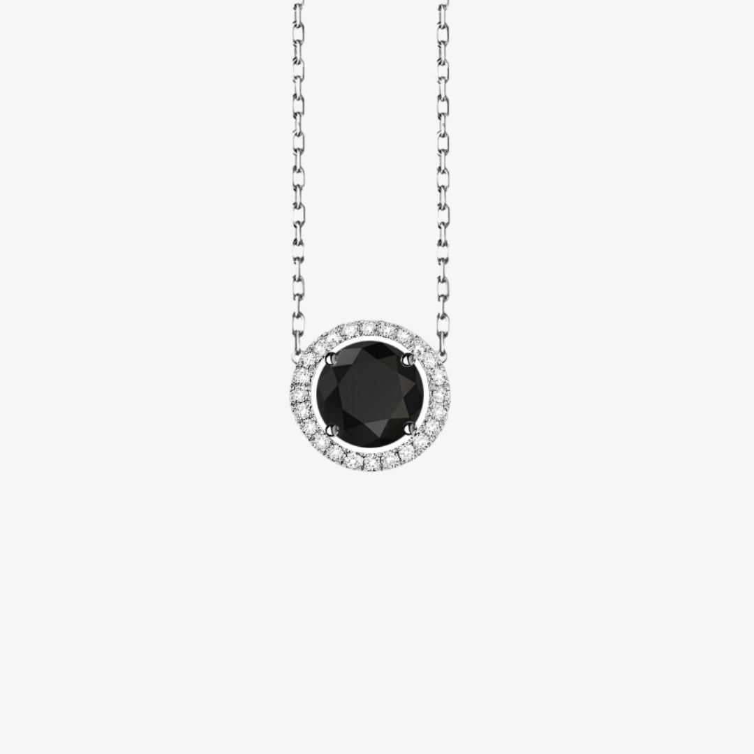 Black and White Diamonds. Solitaire Halo Gold Necklace