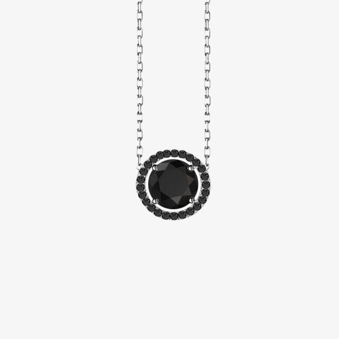 Black Diamonds. Solitaire Halo Gold Necklace