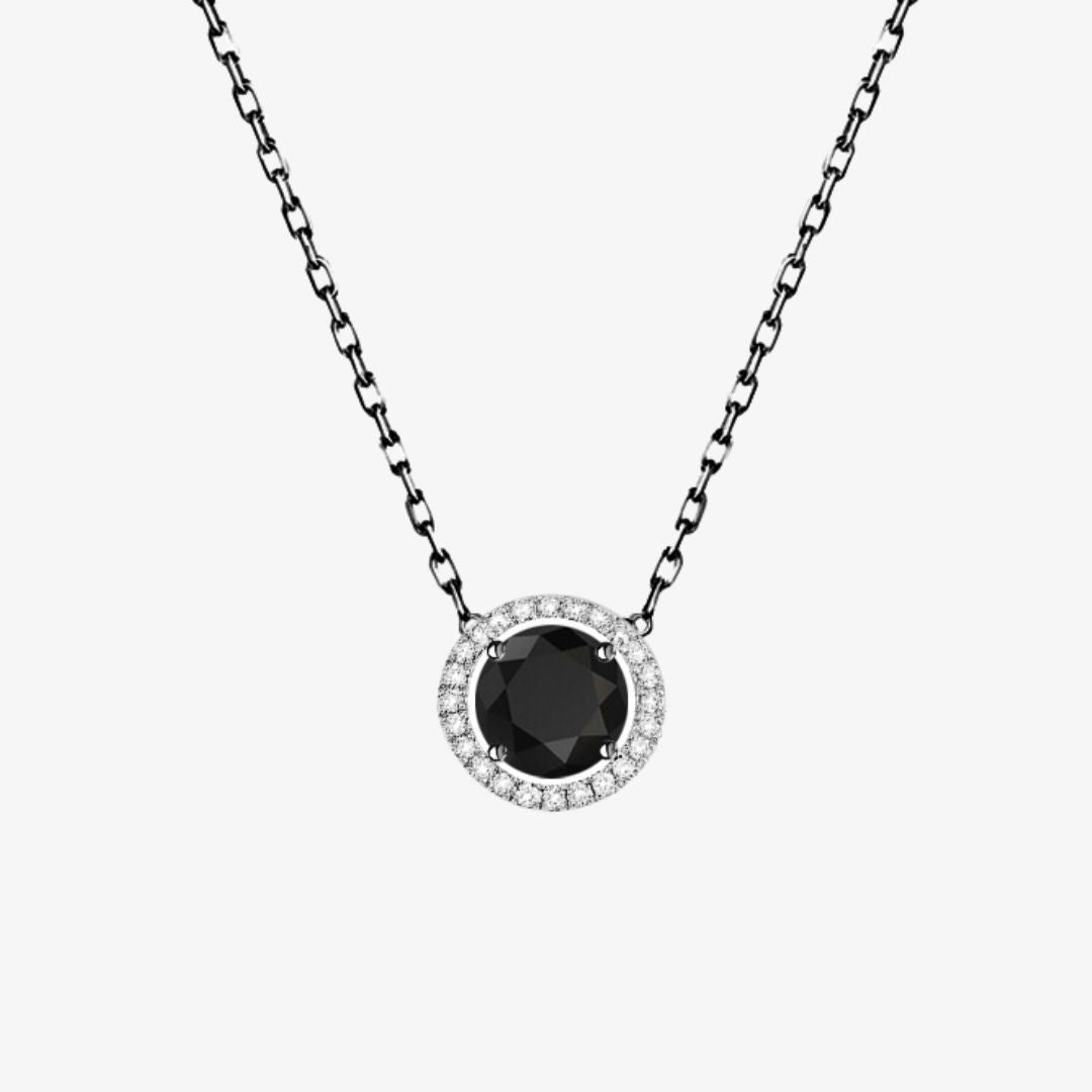 Black and White Diamonds. Solitaire Halo Gold Necklace