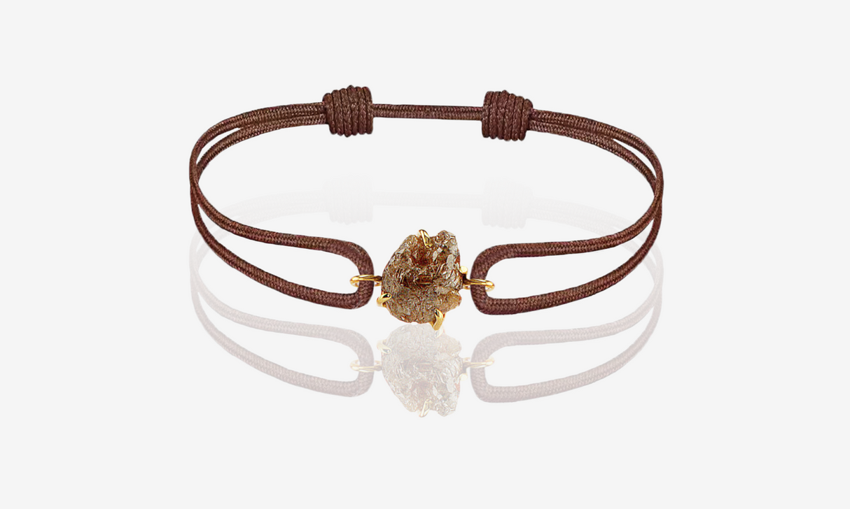 Natural Rough Diamond 2.48 carat. Yellow gold. Brown cord bracelet