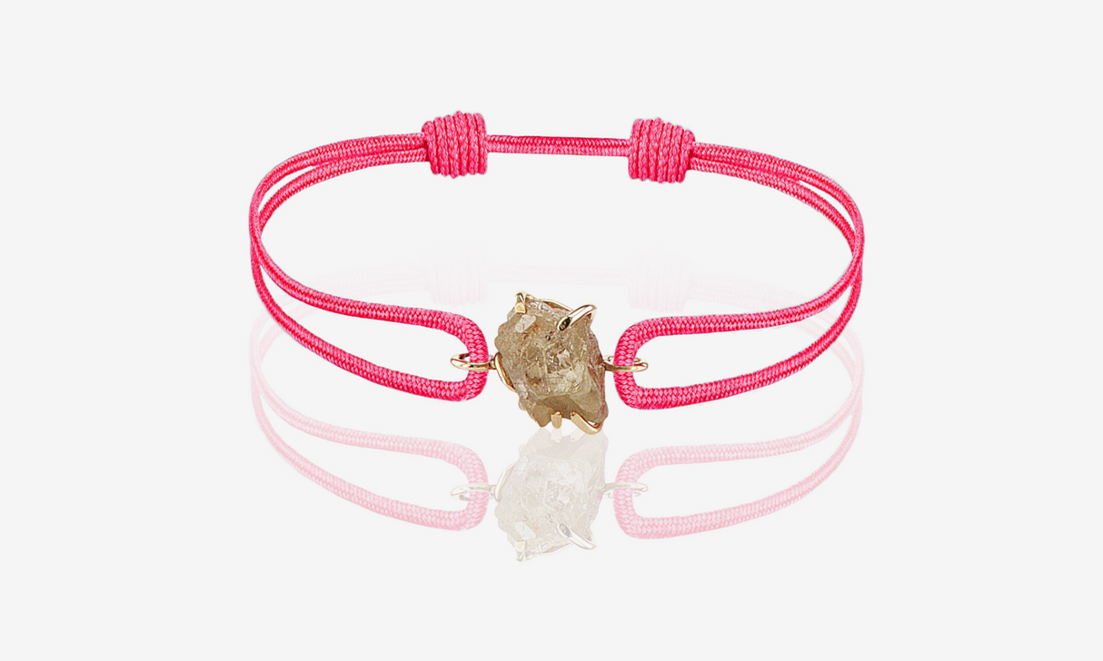 Natural Rough Diamond 2.70 carat. Yellow gold. Fushia cord bracelet