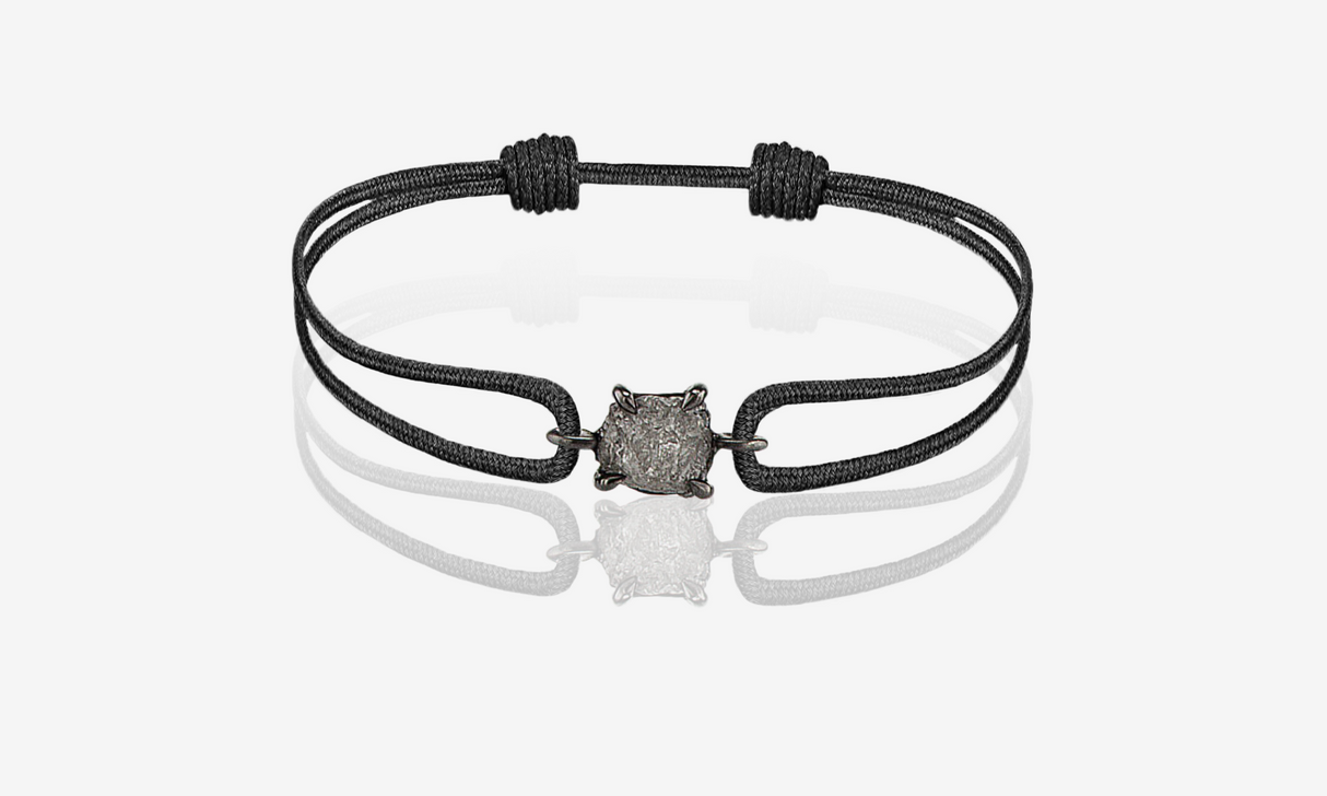 Natural Black Rough Diamond 0.61 carat. Black gold. Black cord bracelet